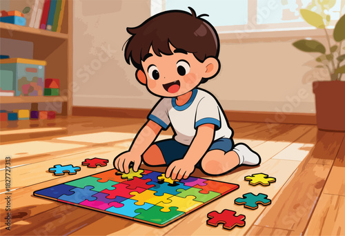 An illustrated boy is happily assembling a colorful jigsaw puzzle on a wooden floor in a cozy interior