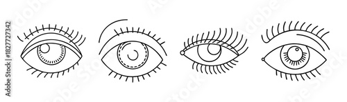 Simple line art eyes illustration set, diverse styles, drawing of human vision