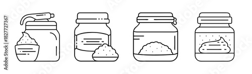 Powder and cream containers line art set: jars, tubs, bottles with products