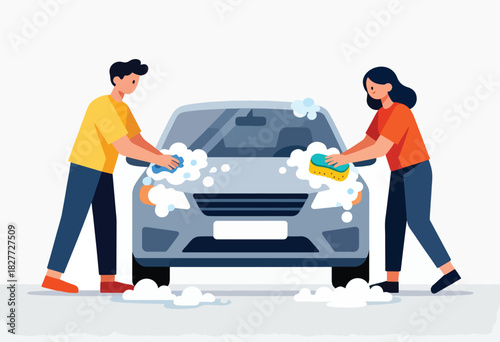 A couple washing a car with sponges and soapy water. Clean grey car. Blue and orange clothing. White background