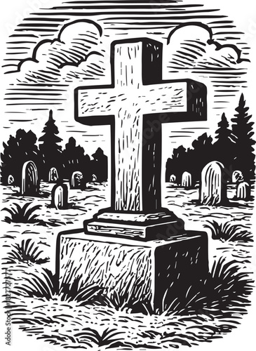 Tombstone in cemetery hand drawn vector illustration