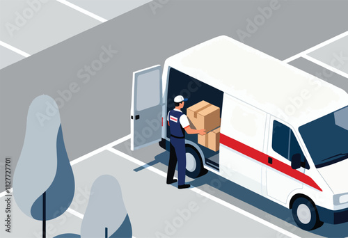 Delivery person loads packages into a white van, parked in a lot, with stylized trees in the foreground