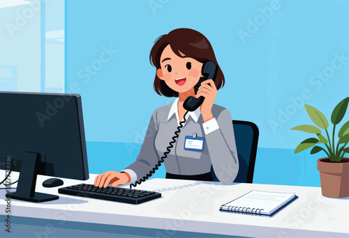 An office worker with brown hair is on the phone. She is behind a desk with a computer, keyboard, and plant