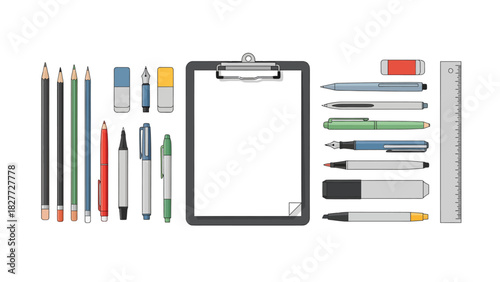 Stationery set: pencils, pens, erasers, clipboard, and ruler on white.
