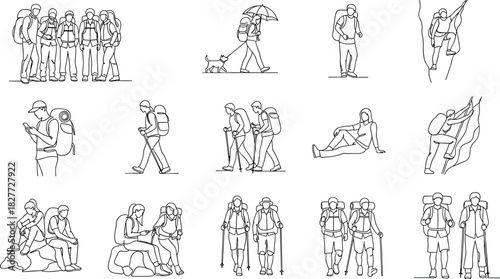 Hiking people line art vector collection, backpacker sketch set, trekkers climbing and walking, outdoor adventure outline, continuous line drawing of tourists, camping.