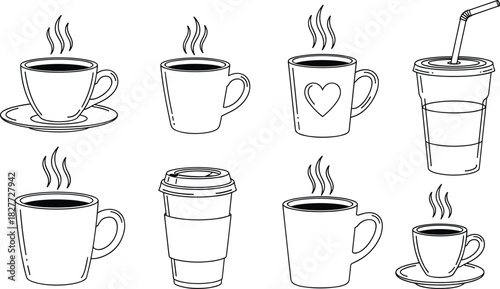 Hot Coffee Cups Line Art Set; Simple Black and White Vector Icons of Steaming Mug, Takeaway Tumbler, and Disposable Drink Cup; Cafe, Caffeine, Beverage, and Break Concept.