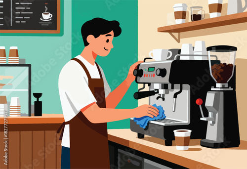 A barista in a brown apron cleans an espresso machine in a coffee shop setting. A menu and display are present