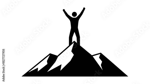 Silhouette of person standing on top of mountain with arms raised.