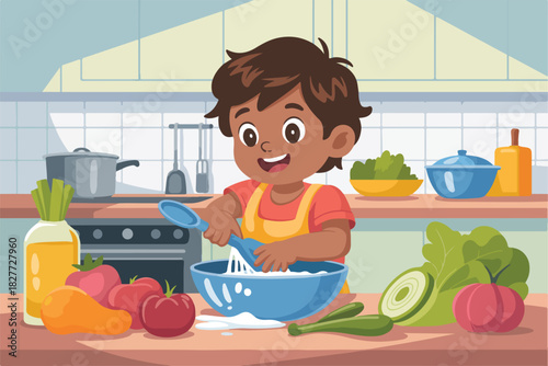 A young, smiling person in a kitchen apron mixes a blue bowl of ingredients, surrounded by fruit and cooking items