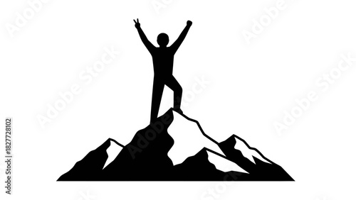 Silhouette of a person standing on top of a mountain with arms raised in celebration.