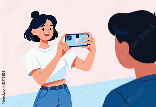 An illustration depicting a young woman taking a photo of a person from behind using a smartphone