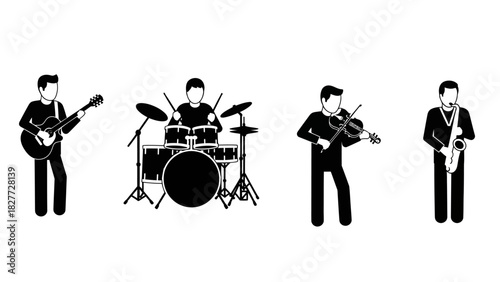 A band of four musicians playing different instruments in black and white.