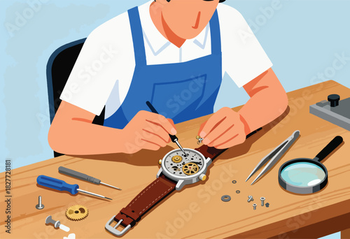 An artisan wearing a blue apron carefully repairs a wristwatch, surrounded by tools and spare parts on a wooden table