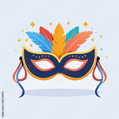 Elegant carnival mask with colorful feathers and ribbons.