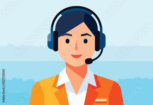Illustration of a woman wearing a headset and suit. A call center employee or support staff is depicted