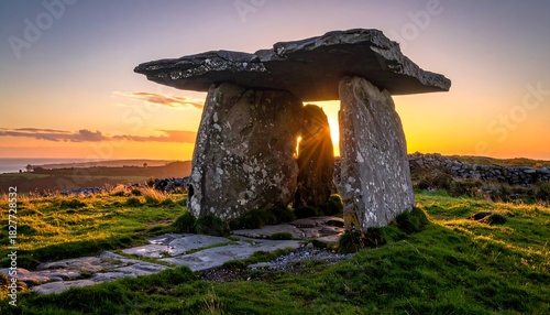 Ancient stone portal on a grassy hill glows as the sun rises through it, with a golden sky backdrop