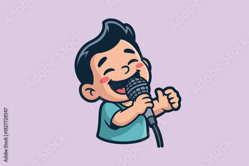 A cartoon child sings into a microphone, cheeks flushed, eyes closed in joy. Background is light purple