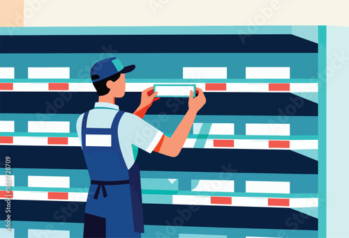 An illustration shows a person in a uniform working in a store, arranging price tags on shelves