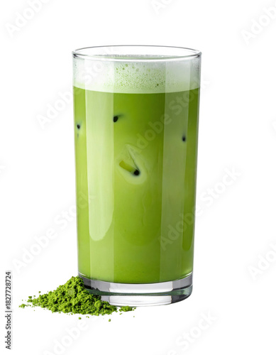 A refreshing iced matcha latte beverage in a mason jar, a modern take on the traditional japanese tea, isolated on white background