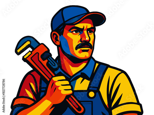 serious plumber with a wrench, wearing overalls and cap, symbolizing repr and mntenance services. vector colorful pop art illustration.