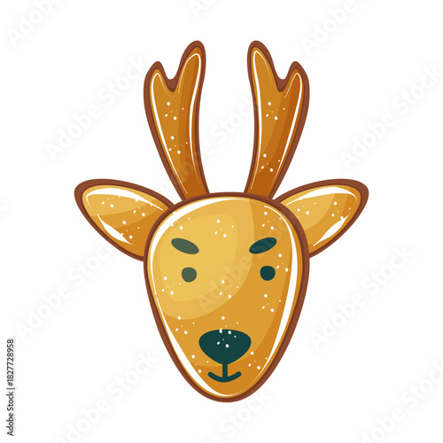 Vector gingerbread cookie in the form of Santa reindeer isolated. Christmas pastry deer on the white background. Illustration for bakery, candy store.