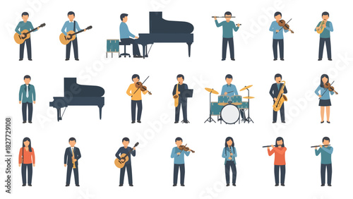 Illustration of musicians playing various instruments, including guitar, piano, flute, violin, accordion, drums, and saxophone.