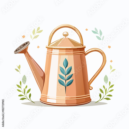 Elegant copper watering can with a leaf design illustration.