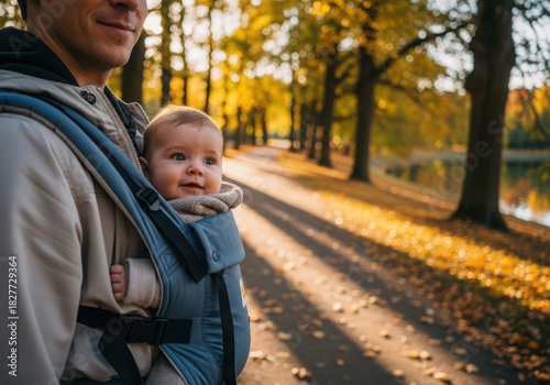 Happy father carries baby in carrier enjoying autumn walk in sunlit park.