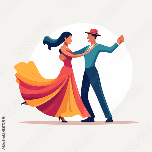 Elegant couple dancing tango, passionate movement, vibrant colors, artistic illustration.