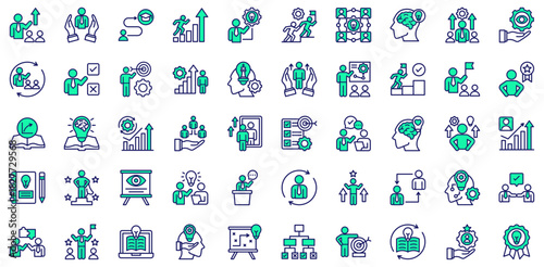 Learn and Lead icons collection. Vector illustration. Leadership Training, Learning Path, Growth Mindset, Knowledge Sharing. Pro Vector