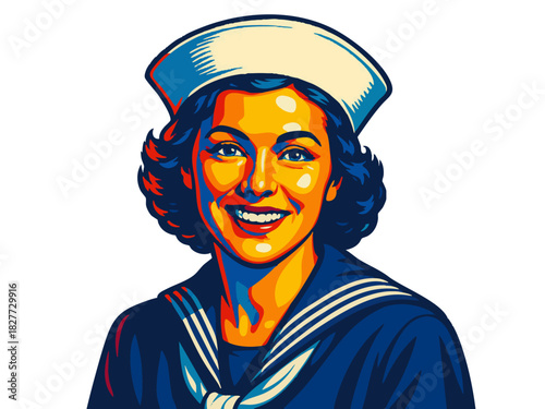 woman in vintage navy uniform, ideal for military, patriotism, or retro themes. vector colorful pop art illustration.