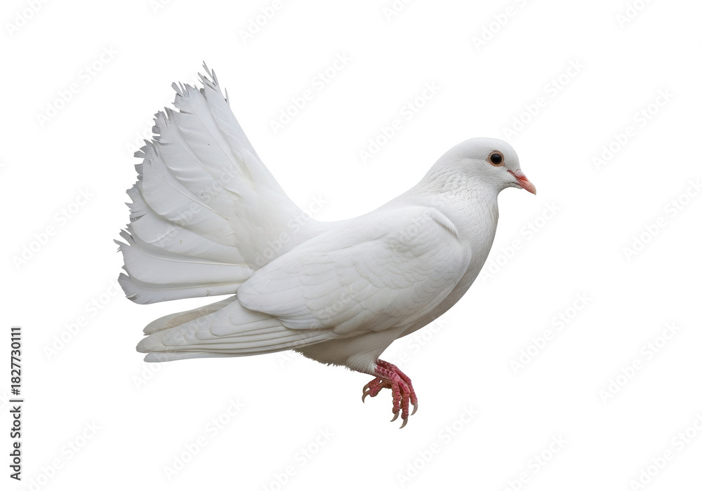 Fototapeta premium Isolated white fancy fantail dove perches sideways, bird symbol of peace, serenity and weddings