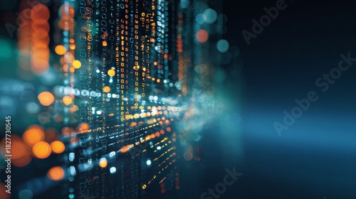 Abstract digital background with glowing code and circular elements