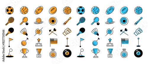 Collection of sports and game icons on a white background
