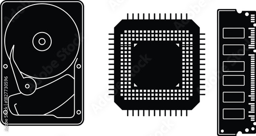 Black and white computer hardware icons set vector illustration hard disk drive cpu processor and ram memory isolated on white background technology elements
