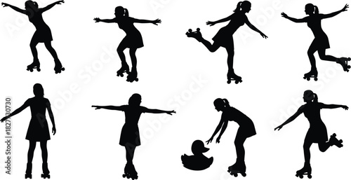 Black and white roller skater silhouette set vector illustration female figure skating poses collection isolated on white background active sport girl design elements