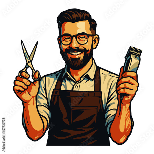 happy male barber with beard, glasses, and apron, ready for a hrcut with tools in hand. vector colorful pop art illustration.