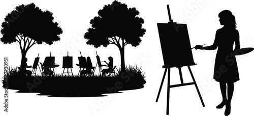 Black and white silhouette of female artist painting on easel and outdoor art class group under trees vector illustration isolated on white background
