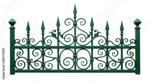 Fotografie Isolated Green Iron Fence Section with Decorative Swirls, Elegant, Traditional s