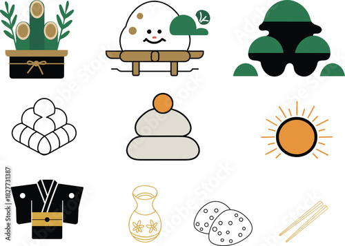 Collection of japanese new years decorations isolated on