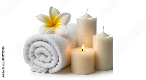 Rolled white towel with plumeria flower and lit candles wellness relaxation