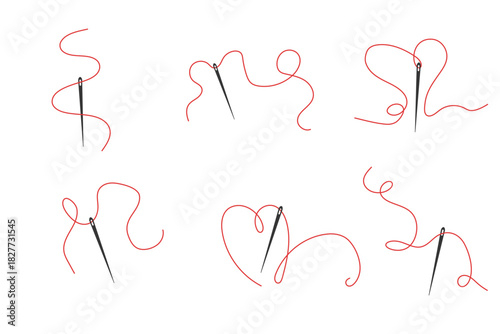 Elegant needle with thread set. Needle symbol and curved red thread, tailor and shoemaker needlework tool, sewing element. Small tattoo, print for clothes