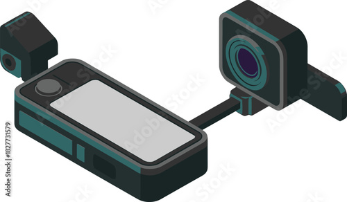 3D isometric illustration of modern digital camera module, smartphone accessory, detachable lens device, tech gadget design, futuristic photography equipment, minimal style