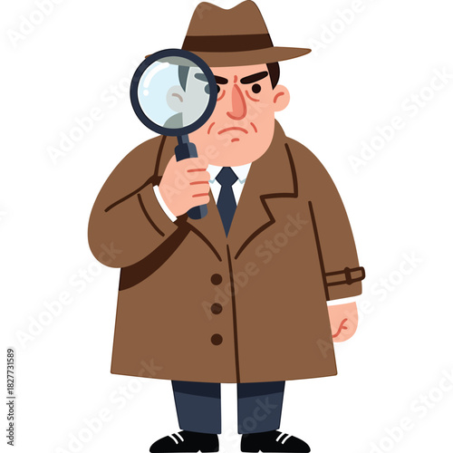 Cartoon detective with magnifying glass illustration investigator mystery sleuth hat trench coat man search