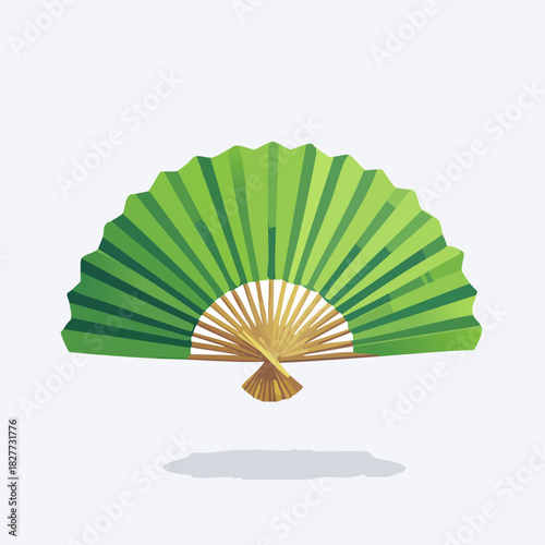 Elegant green paper hand fan on a white background.