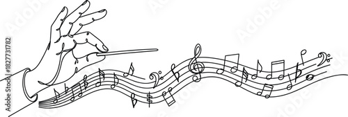 One Line Hand Conducting Musical Notes in Motion.