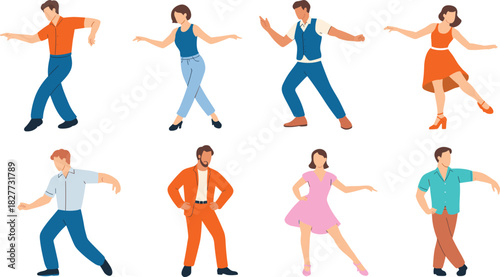 Flat illustration of diverse dancing people, modern dance poses, stylish characters in motion, vibrant choreography scene, creative performance art design