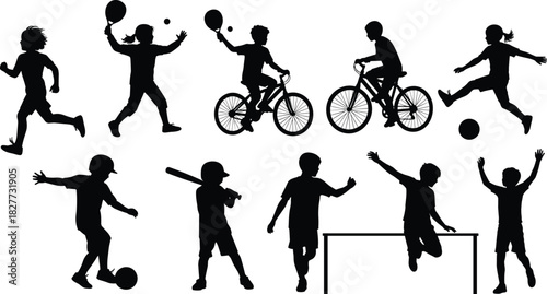 Children sports silhouettes, physical activity icons, biking, soccer, tennis, running, jumping, black vector, outdoor play illustration