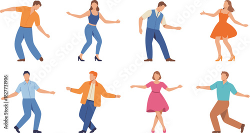 Flat illustration of diverse dancing people, modern dance poses, stylish characters in motion, vibrant choreography scene, creative performance art design