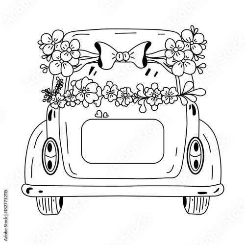 Wedding Car Vector Illustration with Flowers, Just Married Vehicle Clipart, Bridal Decor, Holiday Celebration Design, Vintage Auto Outline for Invitations and Signs